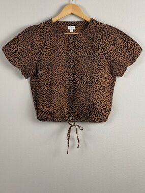 J. Crew Factory Leopard Print Puff Sleeve Tie Waist Top | Warm Brandy Black